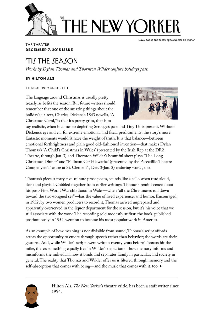 Feature Christmas with Thornton Wilder in The New Yorker about Peccadillo Theater